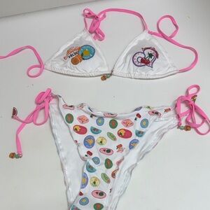 NWOT White Bikini Set with Pink Ties and Fruit Patches